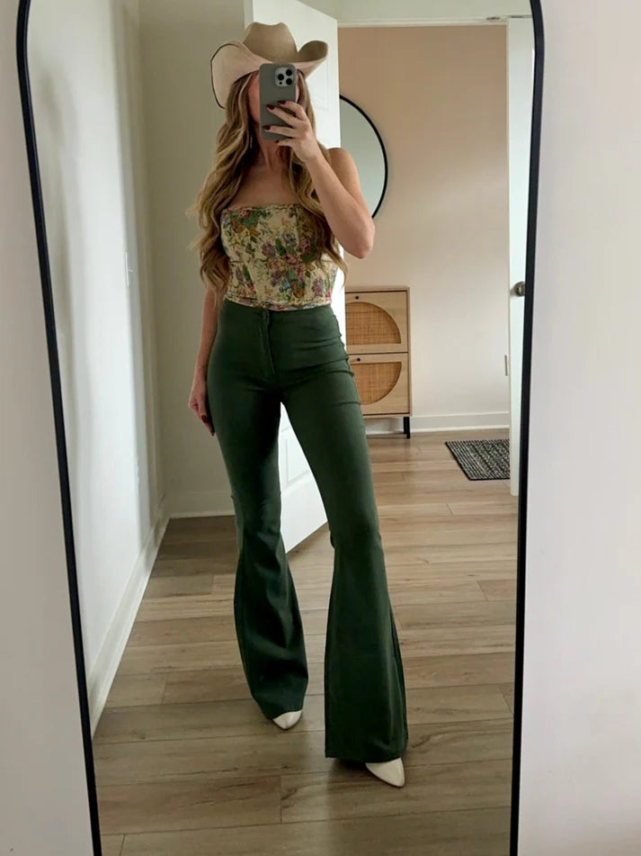 Fiona High Waisted Bell Bottom Flare Jeans - Olive