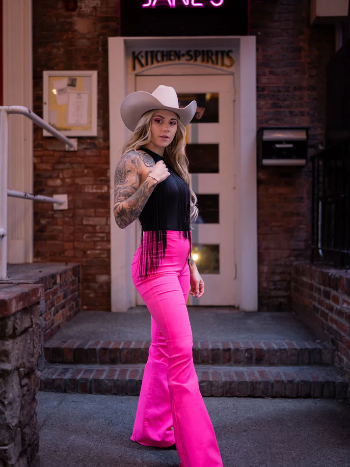 Fiona High Waisted Bell Bottom Flare Jeans - Pink