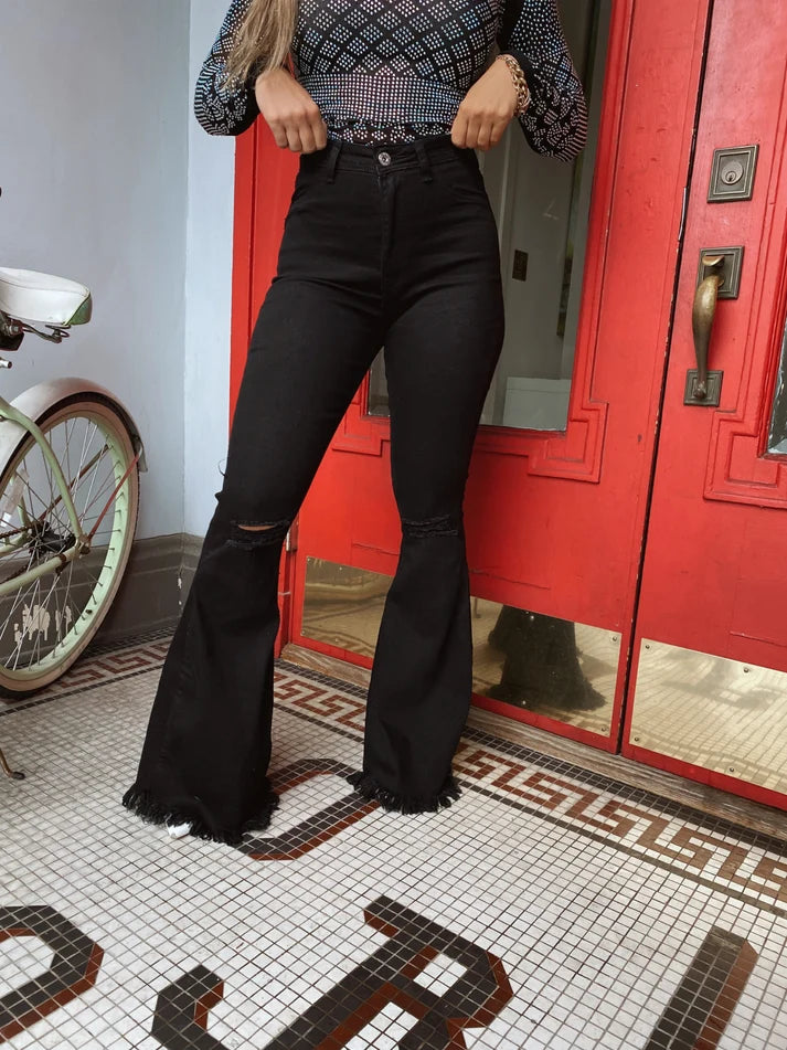 Farrah Distressed High Waisted Flares - Black