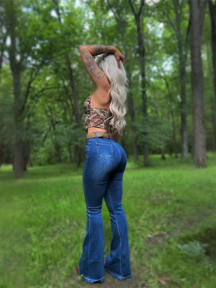 Fiona High Waisted Bell Bottom Flare Jeans - Medium Wash Denim