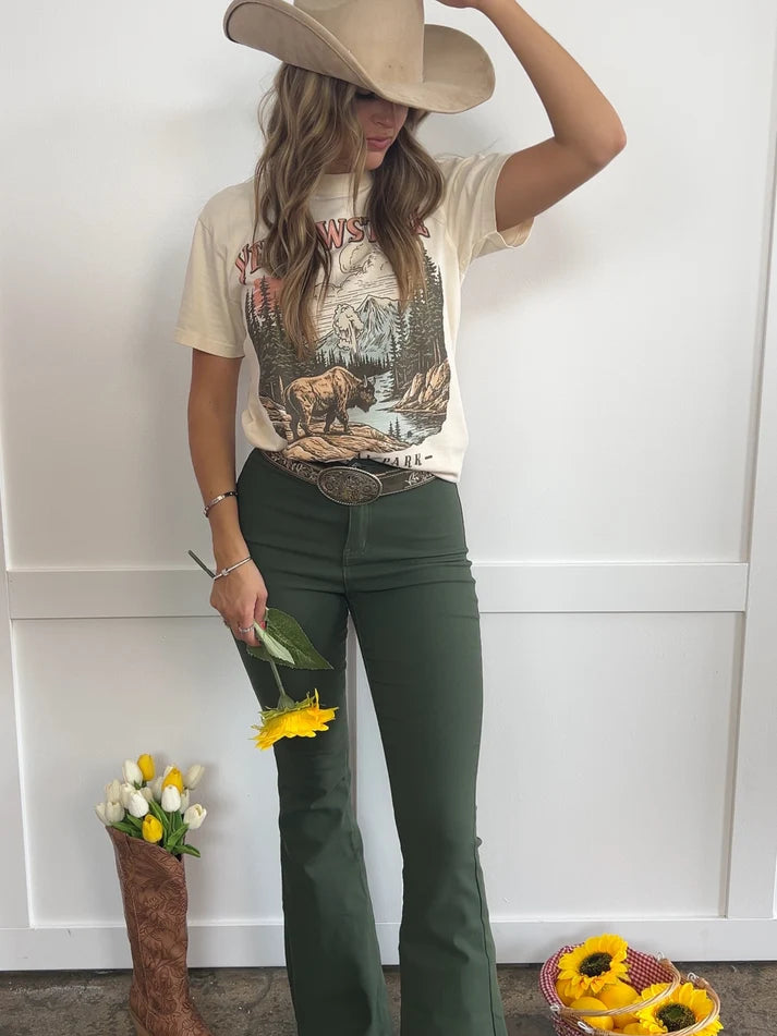 Fiona High Waisted Bell Bottom Flare Jeans - Olive