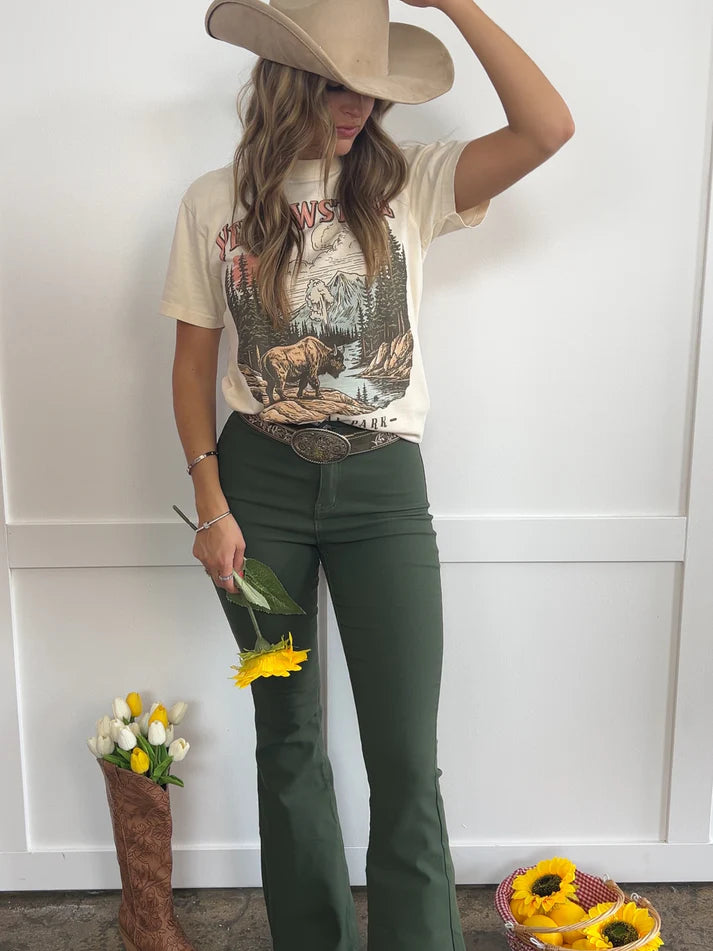 Fiona High Waisted Bell Bottom Flare Jeans - Olive