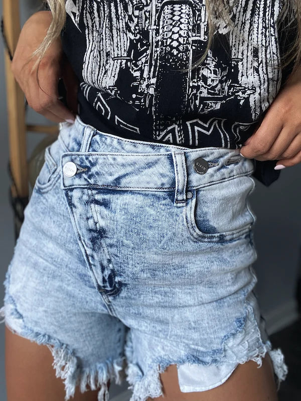 Lindsey Asymmetrical Distressed Shorts - Acid Light wash