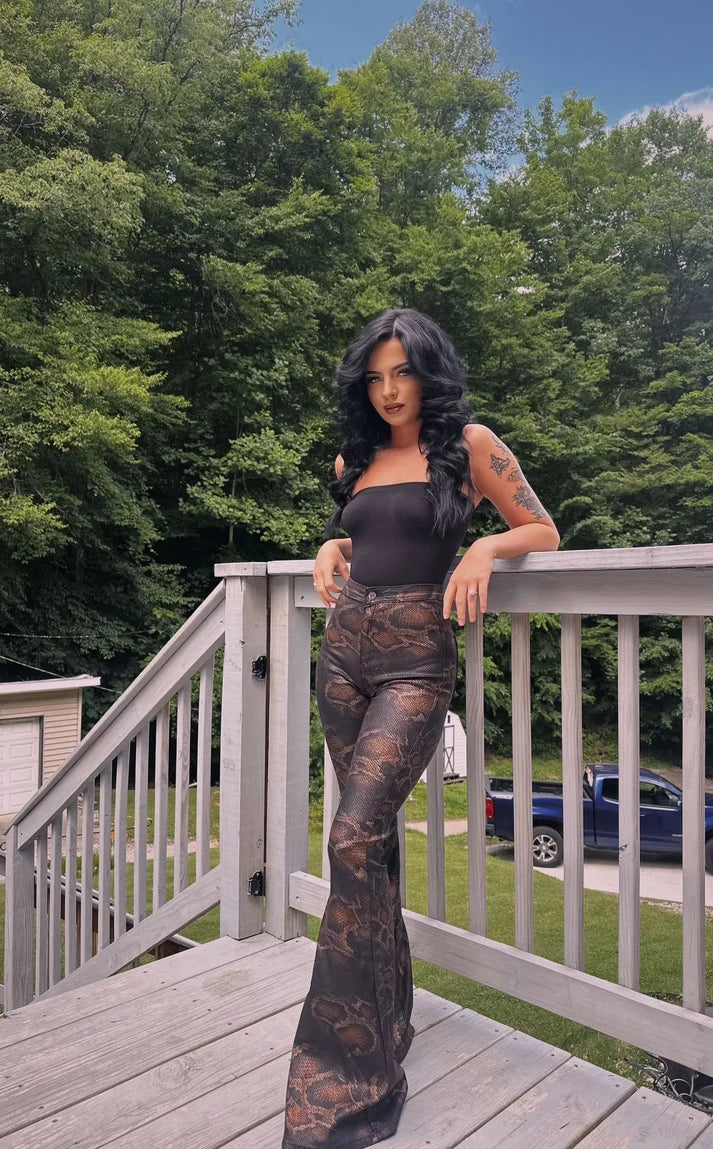 Fiona High Waisted Bell Bottom Flare Jeans - Snakeprint