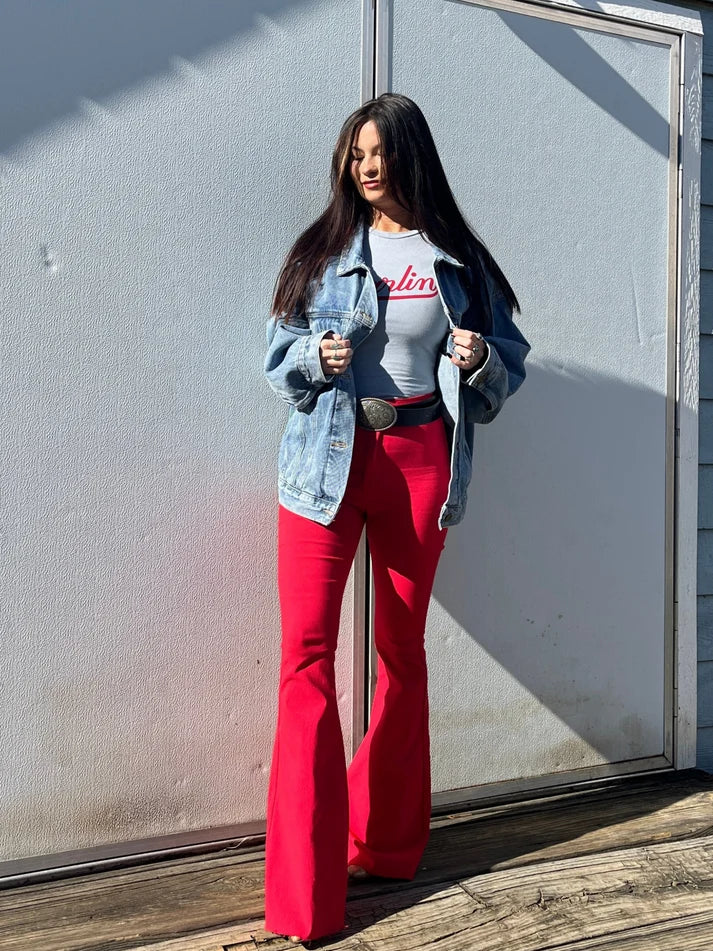 Fiona High Waisted Bell Bottom Flare Jeans - Red