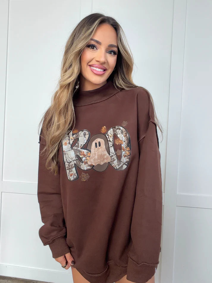 Tilly Boo Camo Brown Reversible Oversized Mockneck Crew