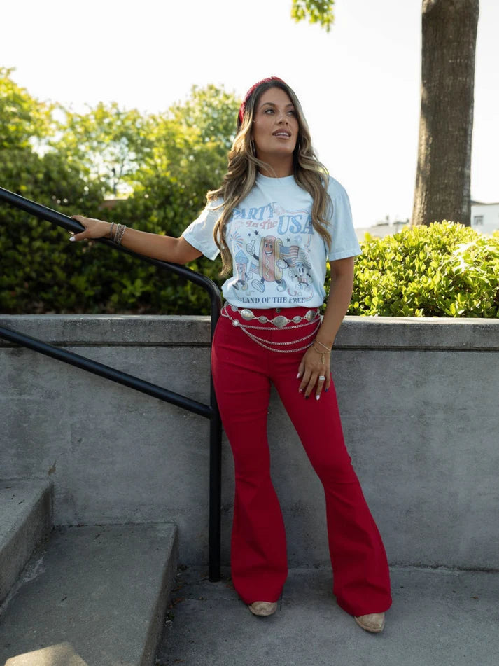 Fiona High Waisted Bell Bottom Flare Jeans - Red